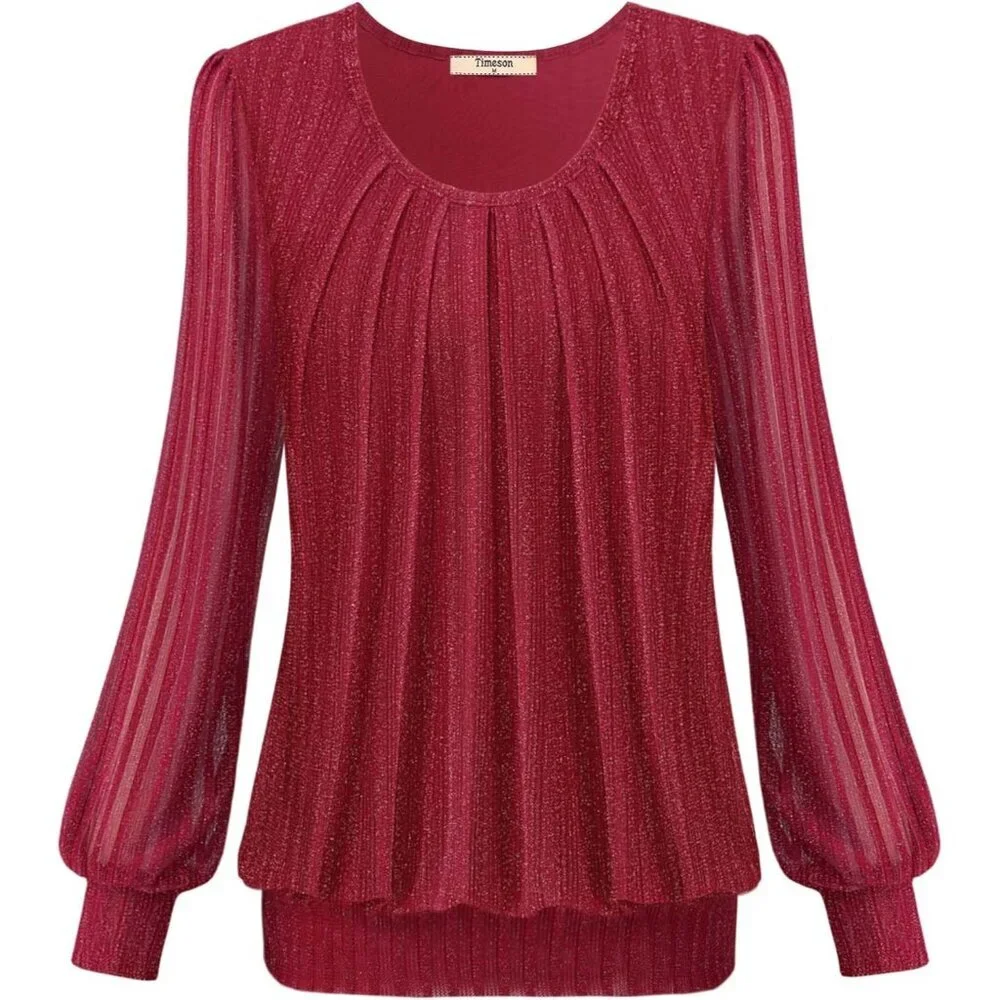 Women's Long Sleeve Pleated Front Fitted Blouse Top Sleek Elegant Casual - Picture 2 of 6